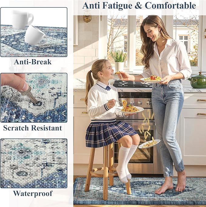 Collive Boho Kitchen Rugs Set of 2 Non Skid Kitchen Mats for Floor Cushioned Anti Fatigue Kitchen Floor Mats Waterproof Comfort Heavy Duty Foam Mats for Standing Desk Sink Laundry, 17.3"x29"+17.3"x47"
