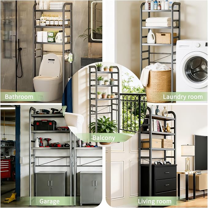 PureBox Over The Toilet Storage, Enhanced Oval Tube Heavy Duty Bathroom Shelf Organizer, Freestanding Metal Toilet Storage Cabinet with Suction Cups for Fastening, 3-Tires Over The Toilet Rack (Grey)
