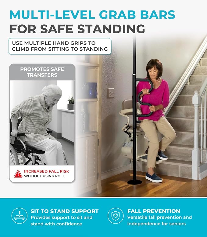Stander Wonder Pole Plus with Rotating Double Grab Bar, Tension Mounted Security Pole for Seniors & Elderly Adults, No-Drill Floor to Ceiling Transfer Pole for Home & Bath Safety, Black