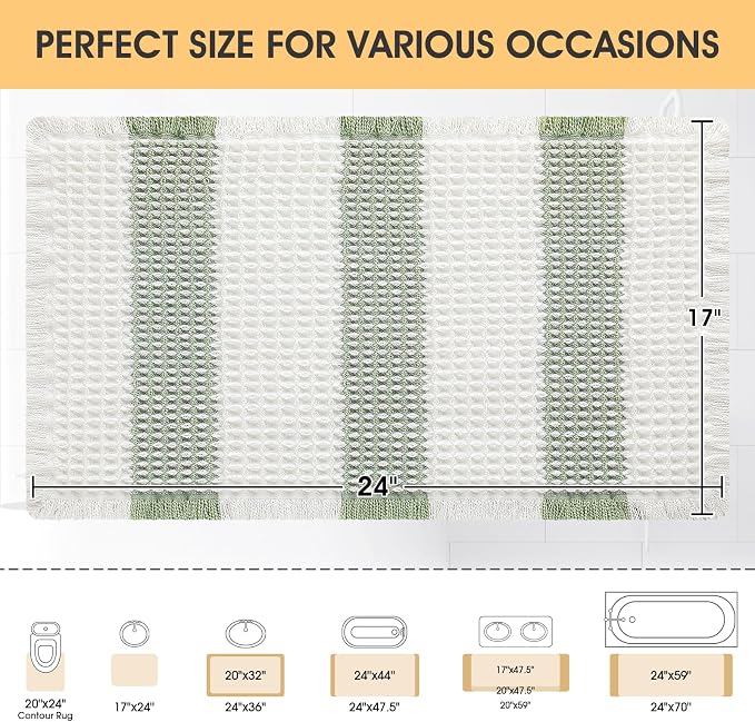 Upgrade Waffle Bath Mat, Boho Bathroom Rugs Absorbent Non Slip, Ultra Soft Bathroom Mat, Machine Washable Knit Bath Rugs with Stripe for Bathroom, Bedroom, Kitchen, Tub, 24"x17", Light Green & White