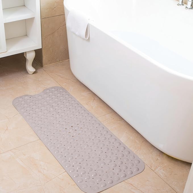 Bathtub and Shower Mats, Extra Long Non-Slip Bath Tub Mat 39 x 16 Inch, Machine Washable Bathmat with Suction Cups & Drain Holes for Bathroom Floor, Tan