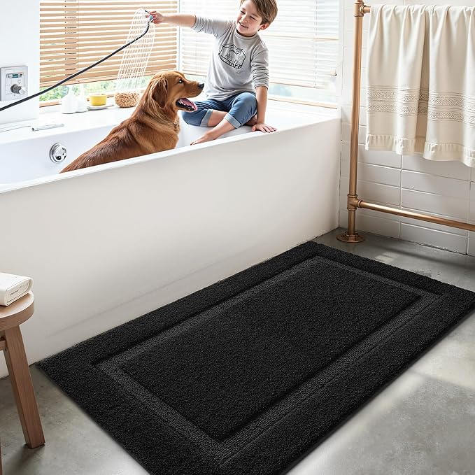 LUMI Large Ultra Soft Bathroom Rugs Non Slip with Rubber Backing, Absorbent Washable Bath Mat Quick Dry, Upgraded Premium Microfiber Plush Carpet for Bathtub and Shower Floor, Black, 24x43