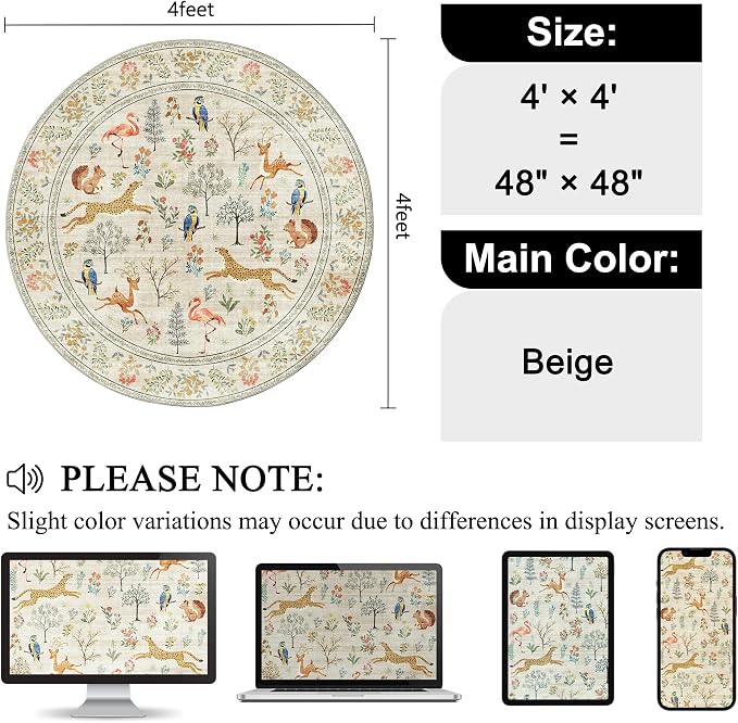 DUKINO 4ft Round Rug, Washable Round Area Rug, Non Slip Indoor Low Pile Animal Design, Soft Small Vintage Circle Carpet for Bedroom, Entryway, Living Room, Dining Room, Beige