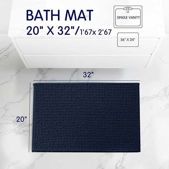 SUBRTEX Bathroom Rugs, 20" x 32" Chenille Bath Rug Soft Short Plush Bath Mat Soft Shower Mat Water Absorbent Shower Mat Quick Dry Machine Washable, Navy