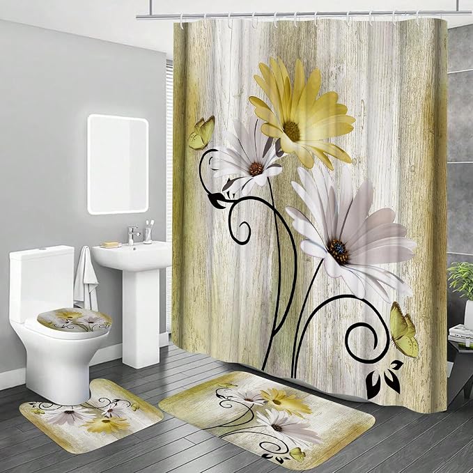Onalasyc 4PCS Yellow Daisy Flowers Butterfly Shower Curtain Set with Shower Curtain and Carpet and Accessories, Waterproof Bathroom Shower Curtain Decorative Set with 12 pcs Hooks,71 x 71in