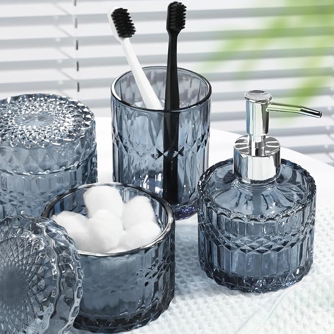 Blue Bathroom Accessories 4Pcs, Diamond Glass Bathroom Accessory Set, Bathroom Set with Soap Dispenser, Blue Bathroom Decor with Toothbrush Holder, Qtip Holder for Bathroom, Countertop
