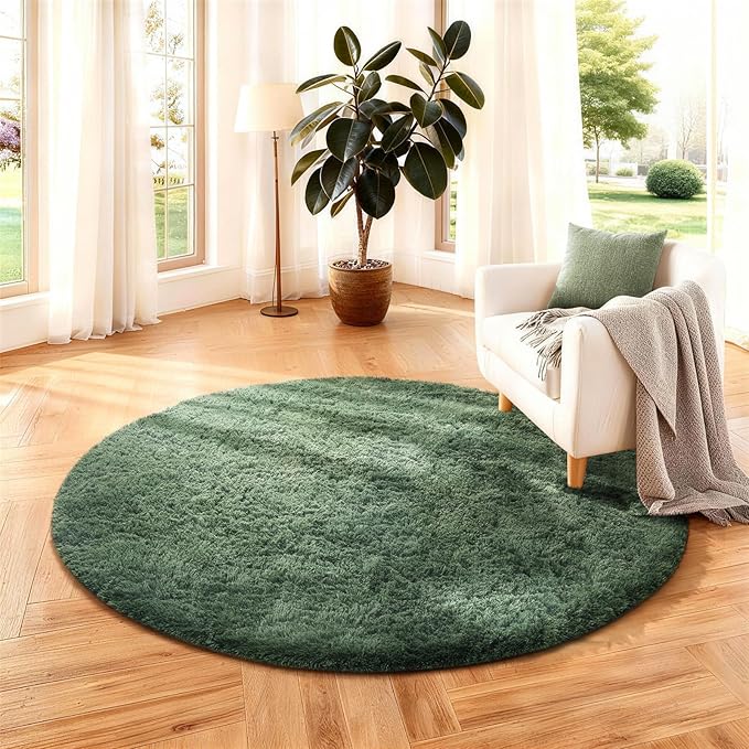 Ophanie Round Rug 4Ft Grey Green Circle Area Rug, Grayish Green Room Decor, Fluffy Fuzzy Bedroom Carpet, Plush Soft Shaggy Living Room Rugs for Kids Home Aesthetic, Nursery