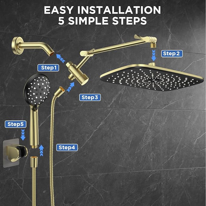 Veken 11.8" Rain Shower Head with Handheld, High Pressure Handheld Shower with Multi Spray Modes, Rainfall Combo with Metal Extension Arm, Detachable Dual Showerhead, Bathroom Decor, Gold