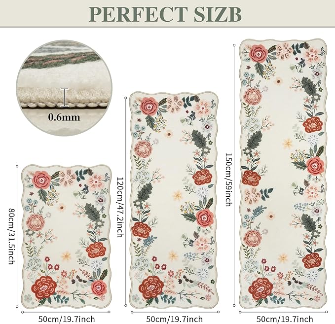 Homcomoda Floral Kitchen Rugs Mats for Floor 3PC, Farmhouse Non Slip Kitchen Rug Runner, Washable Non Skid Kitchen Rugs, Comfort Standing Mat for Laundry, Desk, Bar, Office, Beige