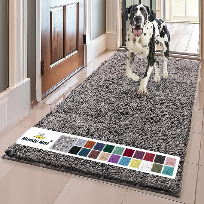Muddy Mat® | Super Absorbent Door Mat Indoor, Microfiber Quick Dry Chenille Entryway Rug, Non-Slip Front Door Mat, Indoor Mats for Entryway, Machine Washable Pet Rug, Charcoal 24" x 96"