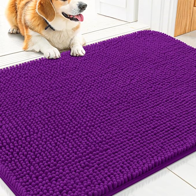 Smiry Dog Door Mat for Muddy Paws 30x20, Absorbent Dirt Trapper, Non-Slip Washable Chenille Entryway Rug for Inside Floor, Purple, Classic Solid