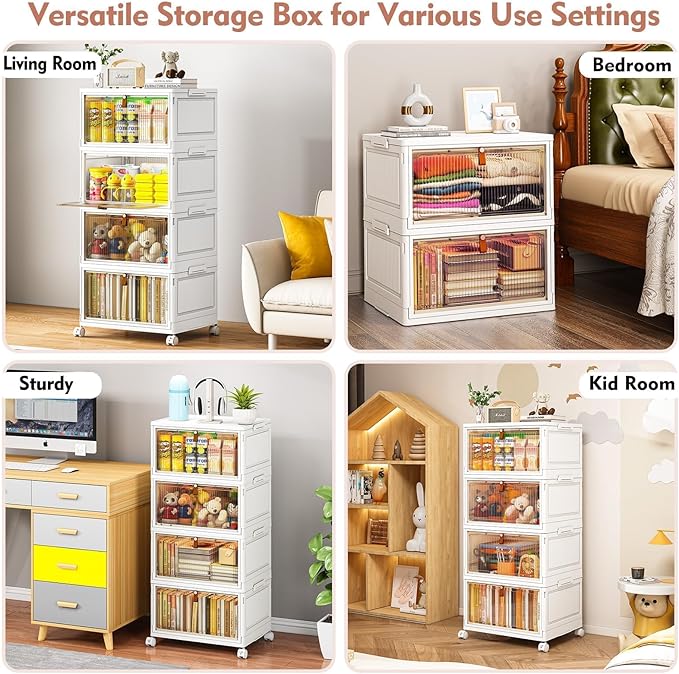 CTSNSLH 4 Tier Plastic Storage Bins with Lid - 28Qt Stackable with Lids for Bedroom, Living Room, Office - Foldable Containers, Household Organization