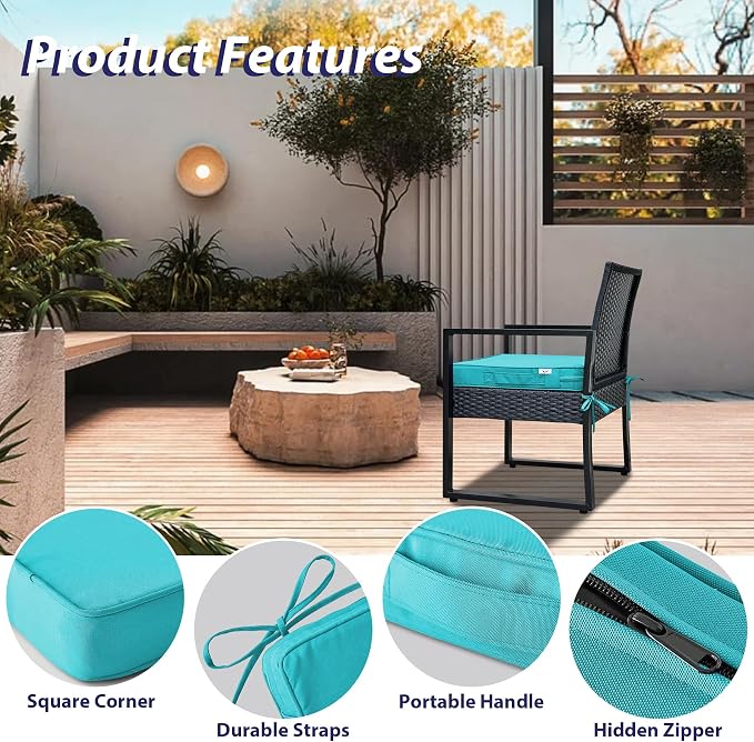 IPYNBAP Outdoor Chair Cushions Set of 4 -Waterproof Outdoor Seat Cushions for Patio Furniture, Patio Chair Cushion with Handle and Ties, Out Door Chair Pads,18.5x16x3-Square, Teal