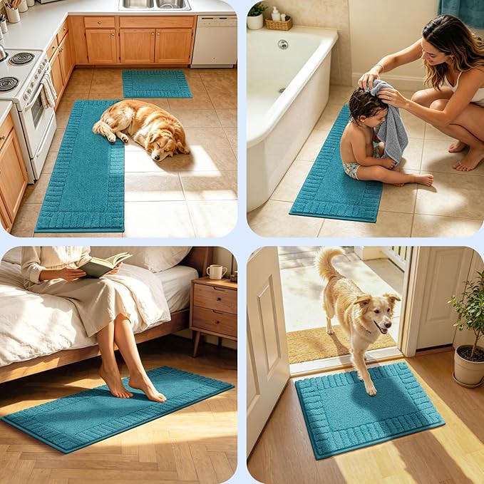 Pauwer Bathroom Rugs Sets 3 Piece Non Slip Machine Washable Bathroom Shower Rugs with U-Shaped Contour Toilet Mat Plush Shaggy Absorbent Microfiber Bath Mat Set, Aqua Blue
