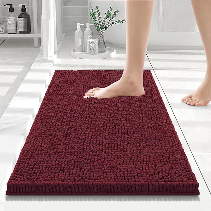 Smiry Luxury Chenille Bathroom Rugs 24x16, Extra Soft and Absorbent Shaggy Bath Mat, Machine Washable, Non-Slip Plush Carpet Runner for Tub, Shower, and Floor, Home Decor Accessories, Burgundy
