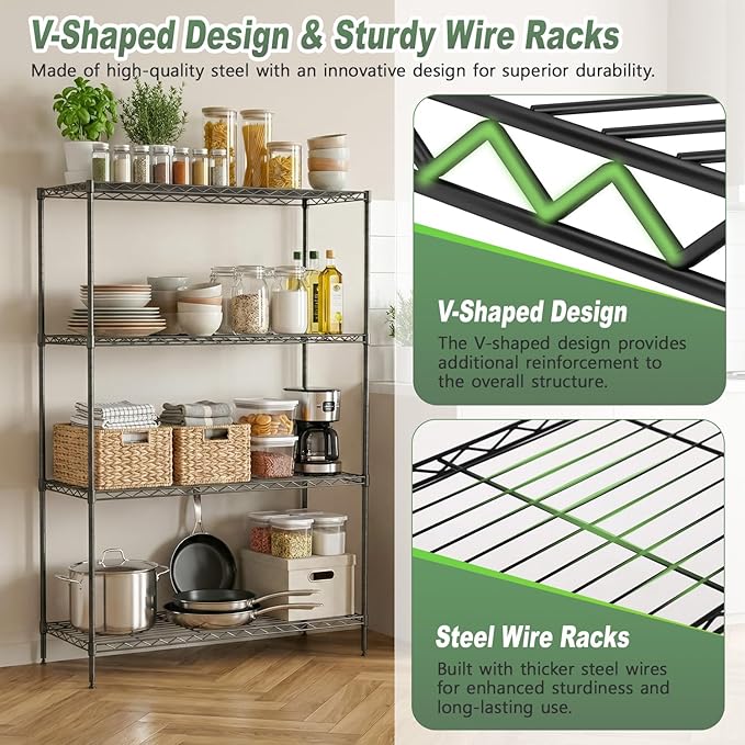 BestOffice 4-Tier Wire Shelving Unit, 1000 LBS Heavy Duty Metal Storage Shelves, Adjustable Wire Shelf for Garage, Kitchen, Pantry, Utility Shelving Rack with Leveling Feet, Black