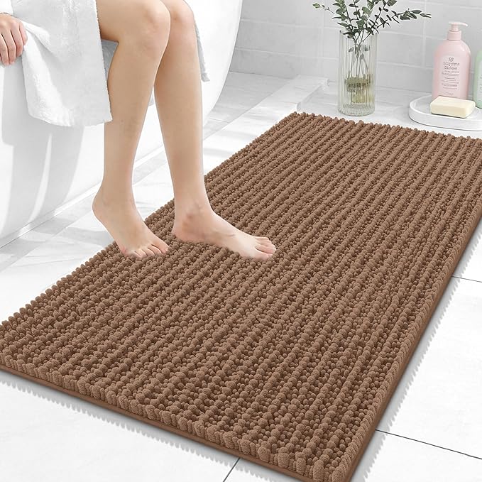 OLANLY Bathroom Rug Mat 44x24, Thick Soft and Absorbent Chenille Bath Mat, Non-Slip Rubber Backing, Machine Washable Quick Dry Bath Rugs for Tub Shower Floor, Home Decor Accessories, Mocha