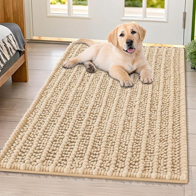 Smiry Dog Door Mat for Muddy Paws 40x32, Absorbent Dirt Trapper, Non-Slip Washable Chenille Entryway Rug for Inside Floor, Beige, Layered Pattern