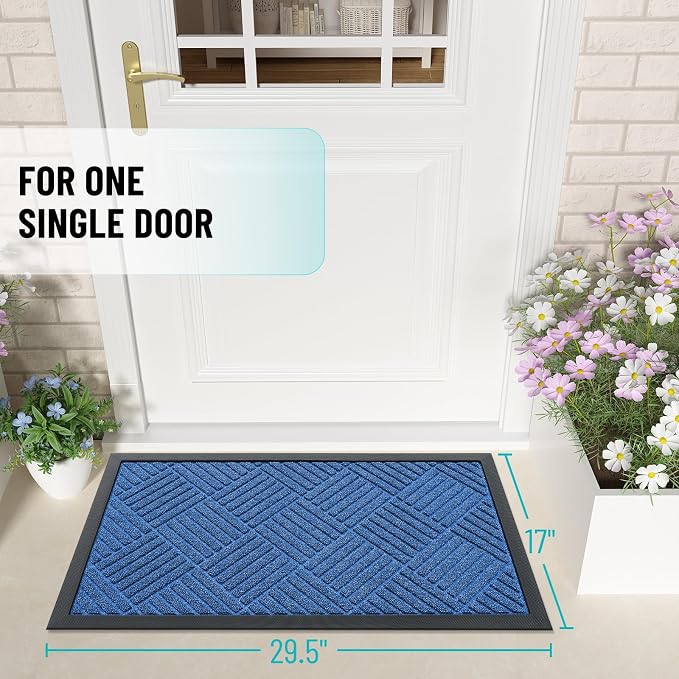 OLANLY Front Door Mat Outside Entrance 29.5x17, Absorbent, Heavy Duty Sturdy Natural Rubber Doormat Indoor Outdoor, Stain Fade Resistant, Non-Slip Low Profile Floor Mat Entryway, Ocean Blue Diamond