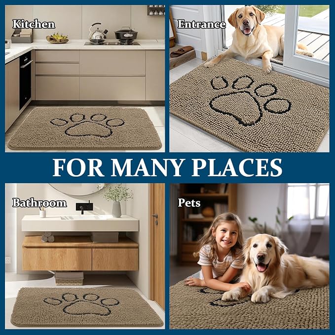 OLANLY Dog Door Mat for Muddy Paws 59x35, Paw Print Design, Absorbs Moisture and Dirt, Absorbent Non-Slip Washable Doormat, Quick Dry Chenille Mud Mat for Dogs, Entry Indoor Entryway Carpet, Tan