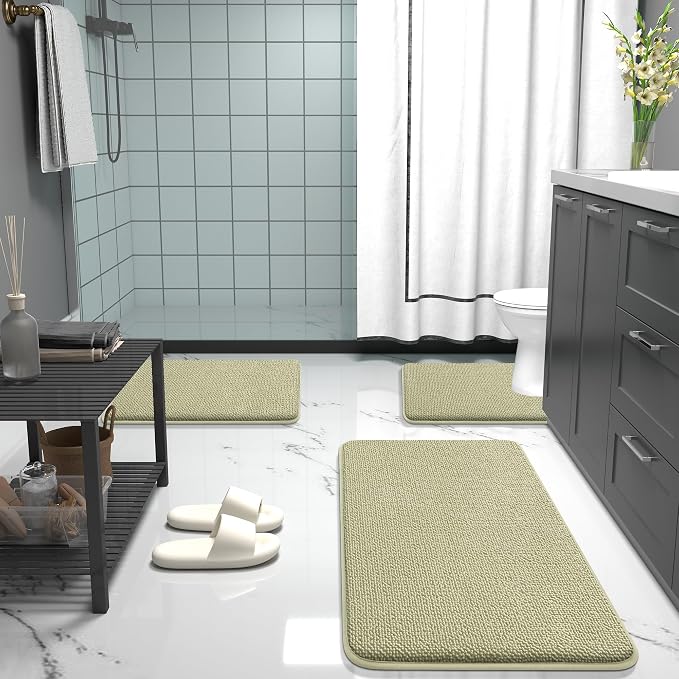 OLANLY Thick Memory Foam Small Bathroom Rugs 24x16, Extra Soft Absorbent Bath Rug, Quick Dry Bath Mats, Non-Slip, Machine Washable Carpet for Bathroom, Tub and Shower, Home Decor Accessories, Vanilla