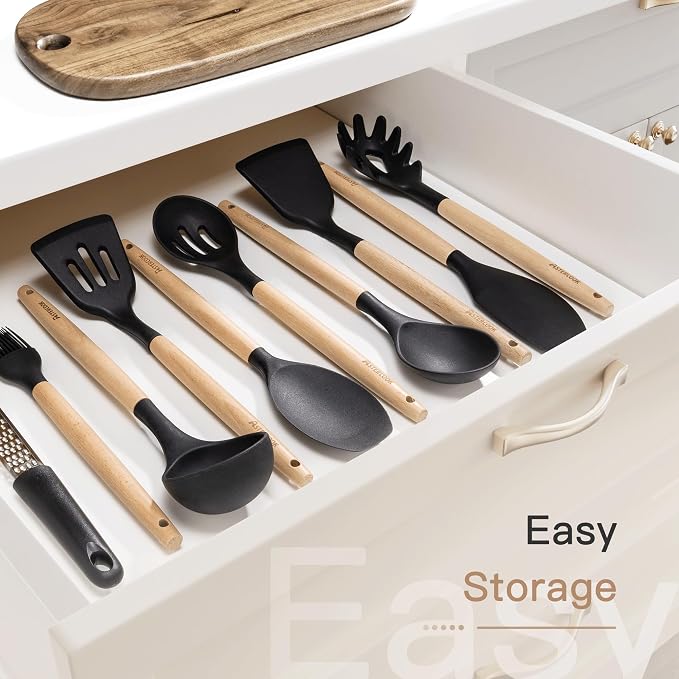 Astercook 39 PCS Kitchen Utensils Set, Silicone Cooking Utensil Sets with Wooden Handle, 446°F Heat Resistant Food Grade Spatula Set, BPA Free Kitchen Gadgets Tools Set & Spoons for Nonstick Cookware