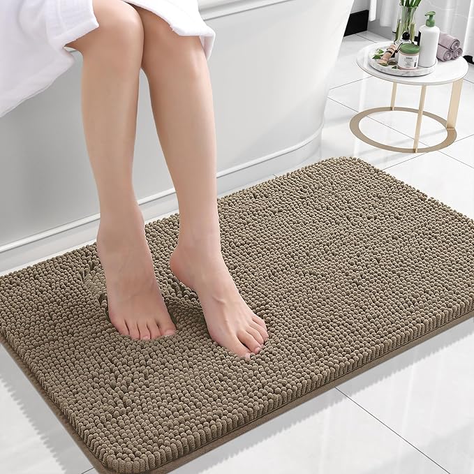 OLANLY Small Bathroom Rugs 24x16, Extra Soft Absorbent Chenille Bath Rugs, Rubber Backing Quick Dry, Machine Washable Bath Mats for Bathroom Floor, Tub and Shower, Home Decor Accessories, Tan