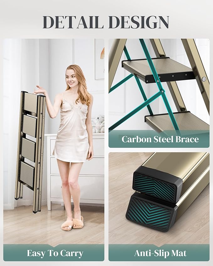 4 Step Ladder, Folding Step Stool with Wider Pedal, Anti-Slip Feet & Non Slip Stripes, Aluminum Sturdy Material, 300Lbs Capacity, Elegant Look of Champagne Gold Better Matches Your Home