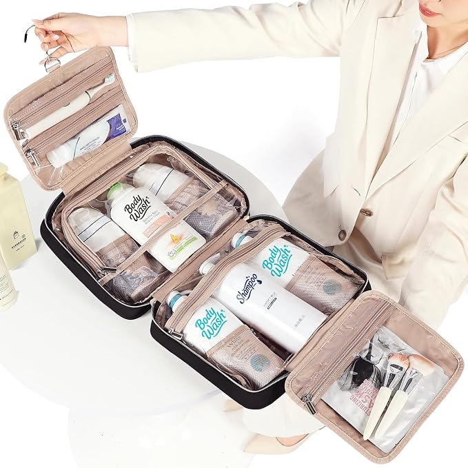 NISHEL Travel Toiletry Bag for women, Portable Hanging Organizer for Family-Sized Shampoo, Conditioner, Brushes Set, Makeup Accessories, Extra Large Size, Black