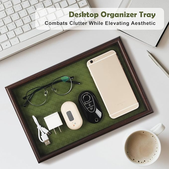 Wooden Valet Tray with Leather Base - Nightstand Catchall Organizer for Cologne, Perfume, Keys, Wallet, Phone, Watch, Jewelry & Sunglasses (2Pcs Green)