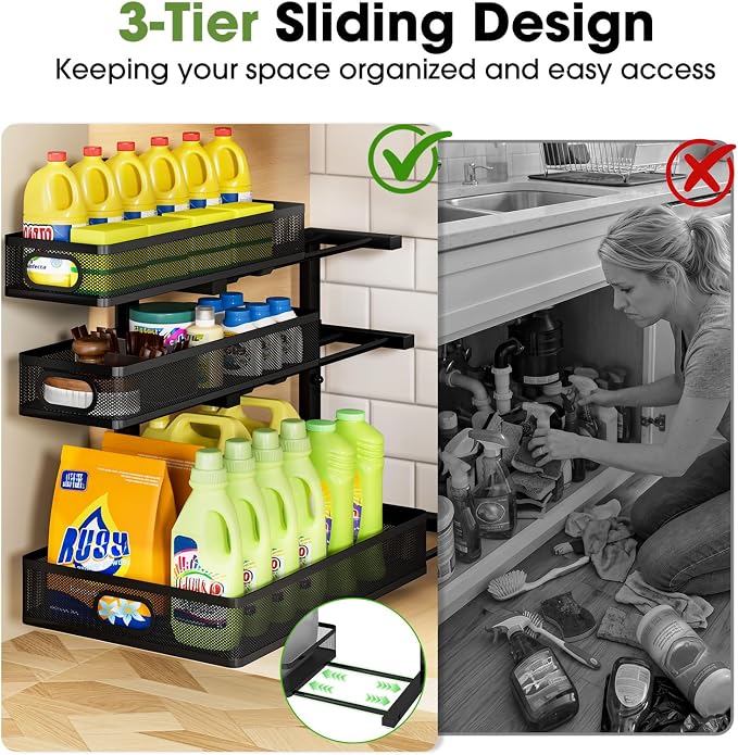 Under Sink Organizer 3 Tier, 2 Pack L-Shaped Pull-Out Cabinet Organizer with Sliding Metal Mesh Drawers, Height Adjustable Under Sink Storage Rack for Kitchen Bathroom Cabinet, Black
