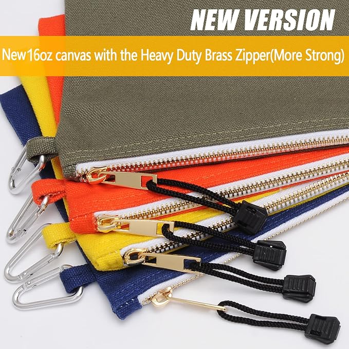 FunOwlet Utility Canvas Zipper Tool Bag - Heavy Duty Tools Pouch with Carabiner, Multi-Purpose Storage Organizer Clip on Tote Bags in Olive, Orange, Blue, Yellow, 4 Pack