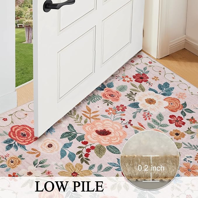 DUKINO 3x4 Area Rug, Lightweight Non Slip Washable Floral Rug, Indoor Low Pile & Non-Shedding Boho Design Carpets for Bedroom, Kitchen, Dining Room, Beige