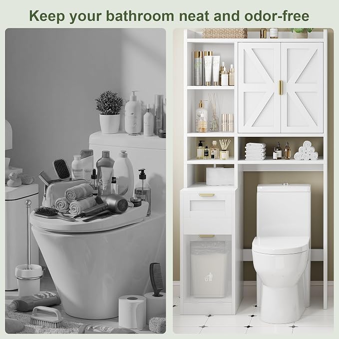 Einhomn Over the Toilet Storage Cabinet with Hidden Odor-Proof Trash Can&Toilet Paper Holder Combo–10 Storage Spaces, All-in-One Bathroom Rack for Bathroom, Laundry, White
