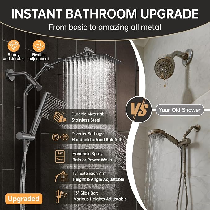 Veken All Metal 10" Shower Head with Handheld, Luxurious Square Double Rain Shower Heads with Spray Combo, Dual High Pressure Detachable Rainfall Showerhead with Extension Arm, Long Hose,Gunmetal Gray