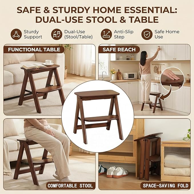 Baveke 2 Step Stool Foldable- Bamboo Step Ladder, Small Folding Step Stool Cute and Wooden Step Stools for Adults, Closet Stepstool & Collapsible Stool for Kitchen, Home, Indoor(FSC-Certified Bamboo)