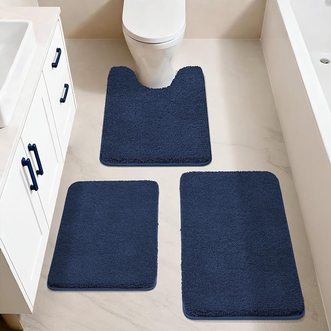COSY HOMEER Toilet Rugs U-Shaped 24"x20",Soft Absorbent Bath Mat with Non-Slip TPR Backing, Machine Washable Shaggy Bath Rug for Toilet,Navy Blue