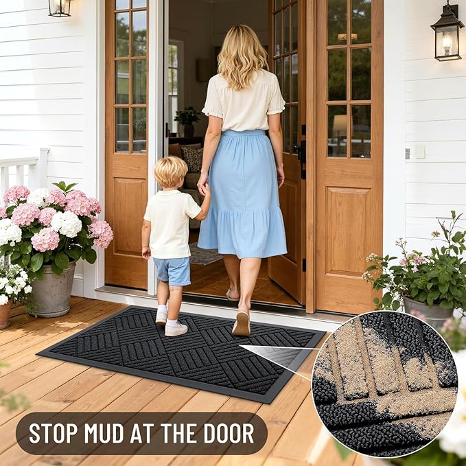 OLANLY Front Door Mat Outside Entrance 47x23, Absorbent, Heavy Duty Sturdy Natural Rubber Doormat Indoor Outdoor, Stain and Fade Resistant, Non-Slip Low Profile Floor Mat for Entryway, Black Diamond