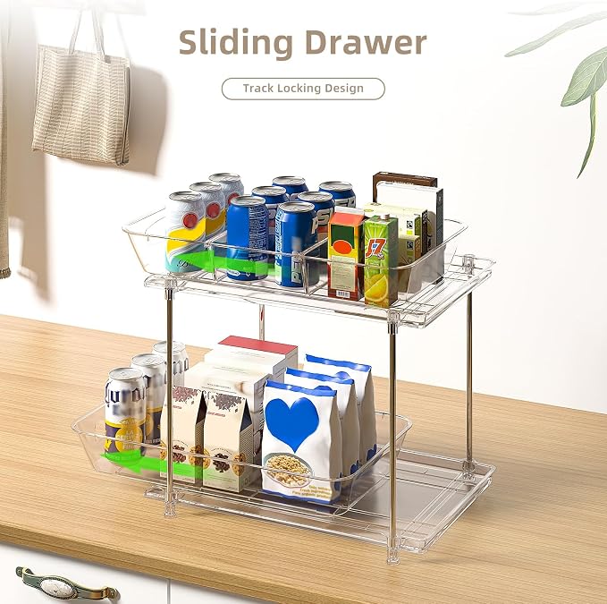 Sevenblue Under Sink Organizer, Bathroom Organizers and Storage, 2 Tier Multi-Use Pull Out Cabinet Organizer with Hang Hooks and Cups (transparent, 2 Pack)