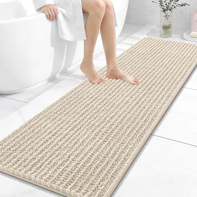 OLANLY Long Bathroom Rugs Runner 59x20, Thick Soft and Absorbent Chenille Bath Mat, Non-Slip, Machine Washable Quick Dry Bath Rugs for Tub Shower Floor, Home Decor Accessories, Sand