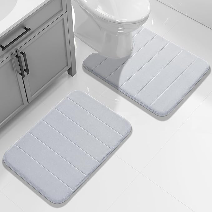 Yimobra U-Shaped Toilet Bath Mat Set 2 Piece - Super Soft Absorbent Quick Dry Memory Foam Bathroom Rugs, Machine Washable Non Slip Floor Carpet for Tub Shower & Single Sink (17x24 & 24x20, Silver)