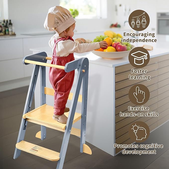 Foldable Toddler Tower Preassembled Kitchen Stool, Folding Tower for Learning with 3 Adjustable Heights Montessori Toddler Standing Tower for Kids Collapsible Wooden Step Stool, Light Gray