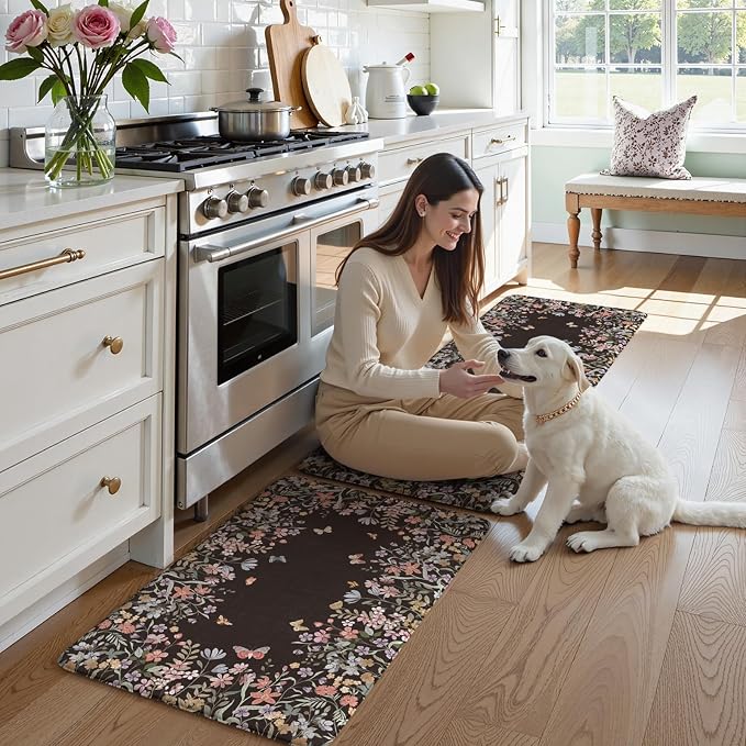 KIMODE Kitchen Anti Fatigue Mats, Farmhouse Kitchen Rugs Sets of 2, Memory Foam Kitchen Mats for Floor, Waterproof Non Skid Standing Mat for Sink Laundry Office Desk Black 20"x47"+20"x32"