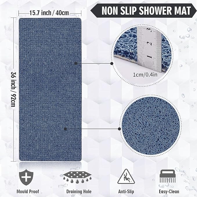 godehone Shower Mats Non Slip Without Suction Cups, PVC Loofah Bathroom Mats, Loofah Mats for Shower and Bathroom, Quick Drying, 15.7× 36 Inch, Blue