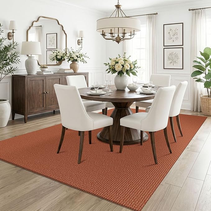 KOZYFLY Orange Washable 5x7 Living Room Rug, Non Slip Woven Area Rugs, Braided Floor Carpet for Entryway, Kitchen, Bedroom, Dining Room, Office, Cotton Rug Indoor Decor, Burnt Orange/Tan