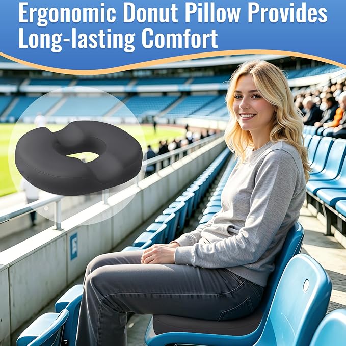 CloudBliss Donut Pillow Stadium Seat Cushion for Tailbone Pain Relief and Hemorrhoids, Memory Foam Seat Chair Cushion, Portable Seat Cushions for Bleachers, Car, Home & Office