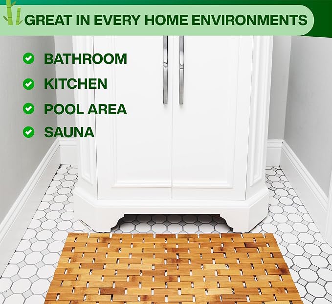 Bamboo Bath Mat - Foldable Wooden Bathmat - Accessories for Bathroom Sauna Spa Tub Step and Floor - 24 x 16 x 0.4 Inches [LxWxH] - Modern Farmhouse Decor Design