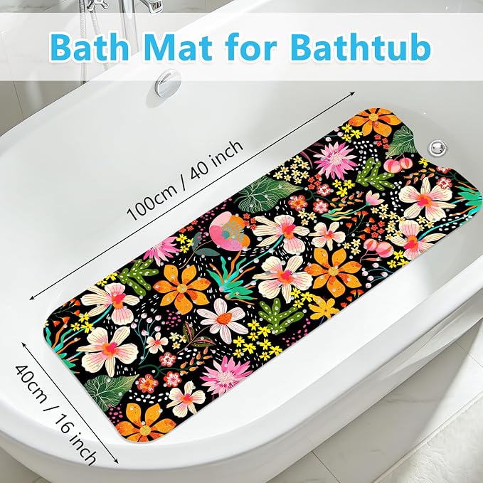 Bath Mat for Tub Non Slip, Floral Aesthetic Bathtub Mats for Girls Non Slip Shower Mat， Machine Washable 40"x16" Flower Tub Mats with Suction Cups and Drain Holes for Women Tropical Bathroom Decor