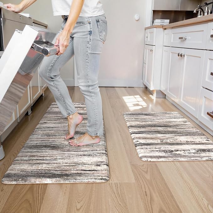 KIMODE Anti Fatigue Kitchen Mats for Floor 2 Piece, 17"x47"+17"x29" Farmhouse Plaid Kitchen Rugs Non Slip, Waterproof Kitchen Floor Mats for Kitchen Floor Sink Laundry Desk Decor Black Grey