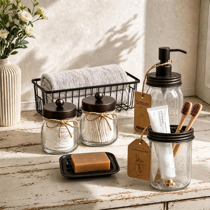 SheeChung 6Pcs Mason Jars Bathroom Accessories Set Complete - Toothbrush Holder, Lotion Soap Dispenser, 2 Mason Jars, Soap Dish, Toilet Paper Basket, Rustic Farmhouse Decor (Brown, 6Pcs Bathroom Set)